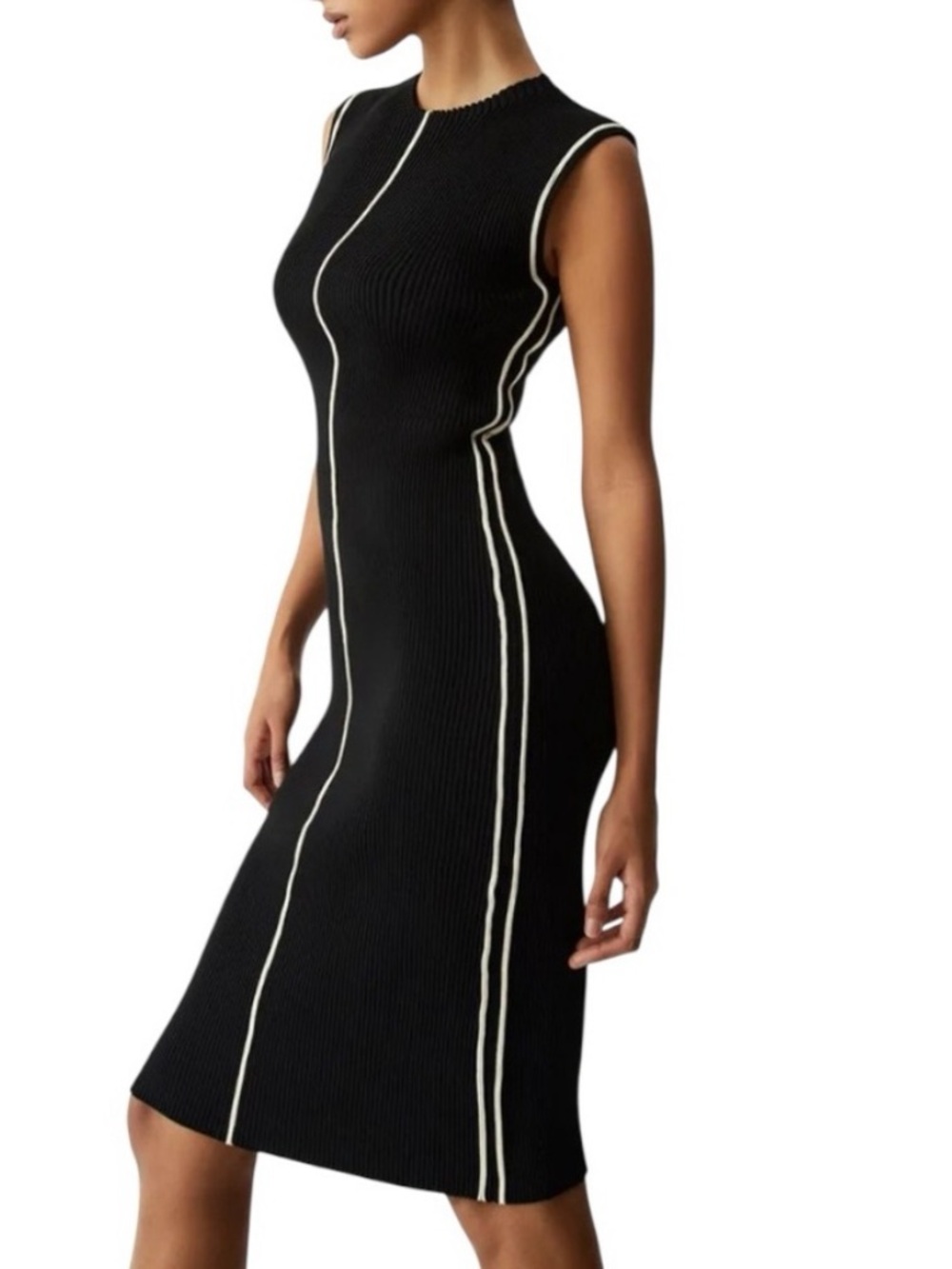 Commense Black Sleeveless Ribbed Midi Dress with Cream Piping